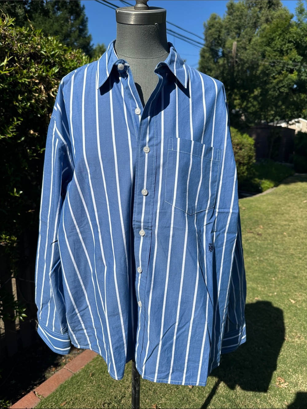 Men’s American Eagle Outfitters Blue and White Vertical Stripe Button-Down Shirt